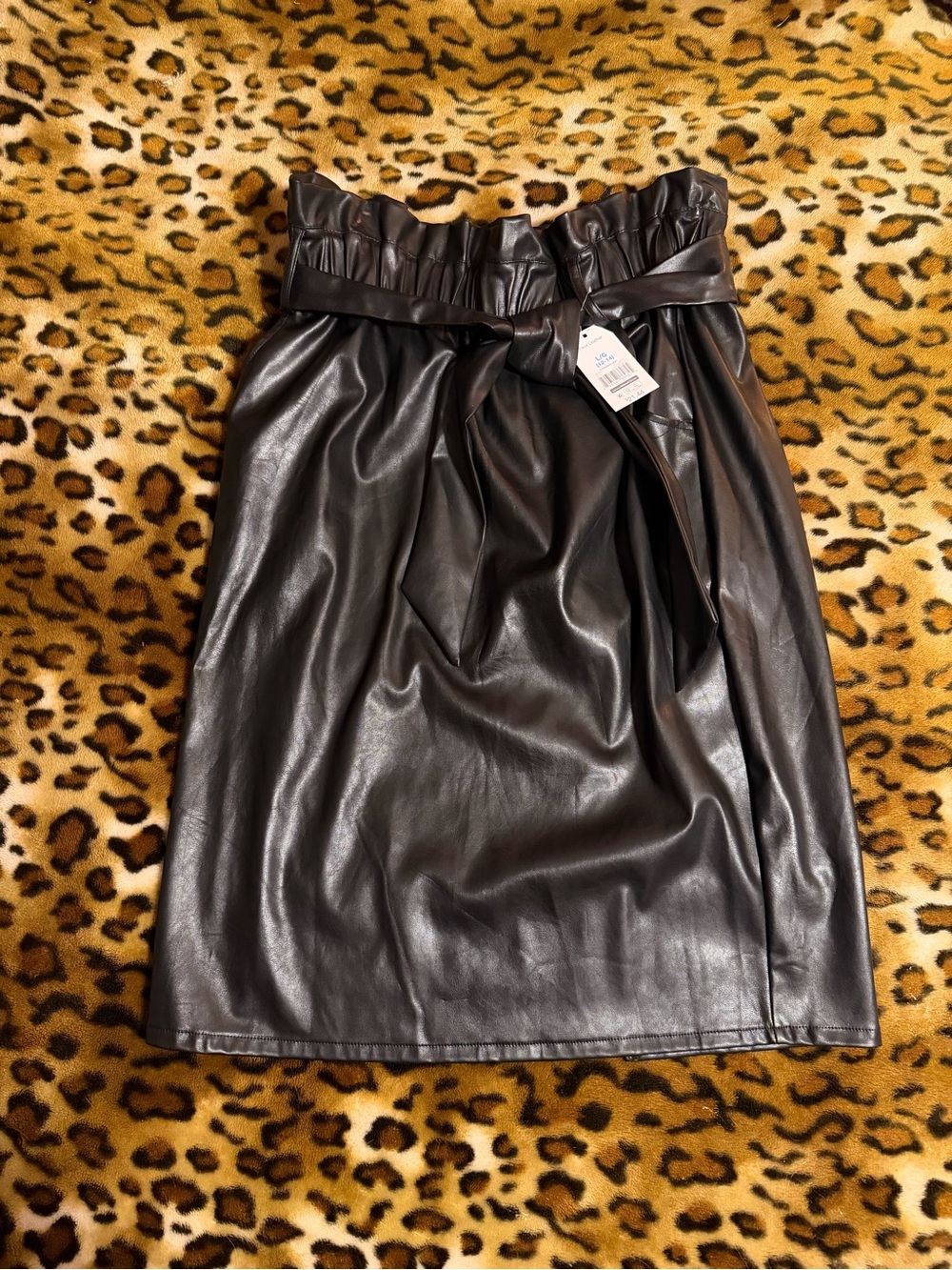 Time and Tru Black Faux Leather Paperbag Waist Midi Skirt with Belt